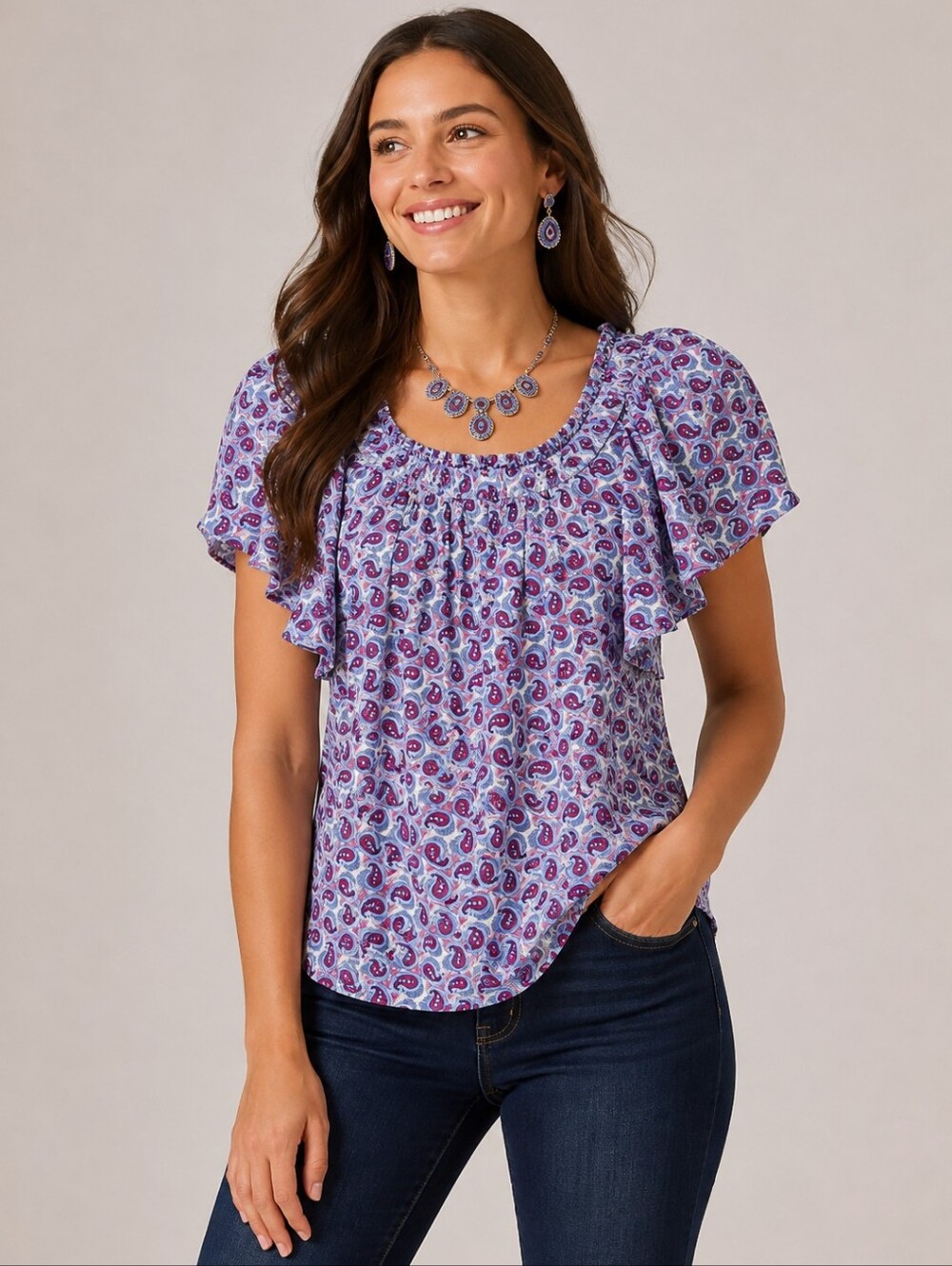 LOFT Purple Paisley Short Sleeve Blouse